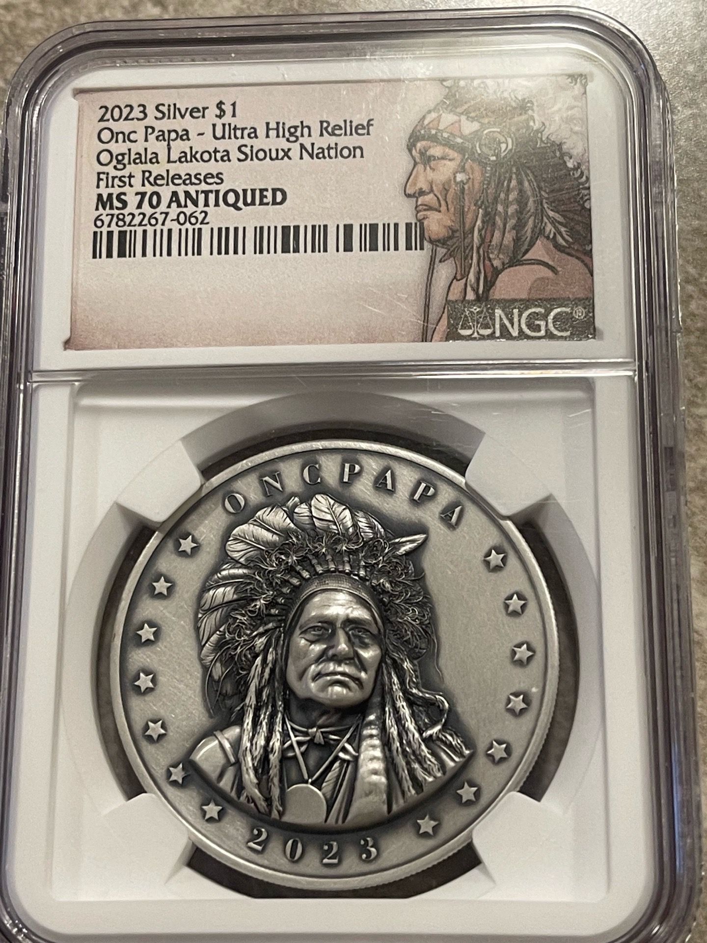 2023 Silver One Papa Ultra High Relief, Oglala Lakota Sioux Nation NGC MS70