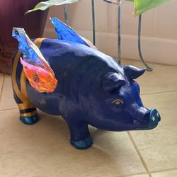 Ceramic pig with wings Custom decorated vintage Flying winged Ceramic large  pig
