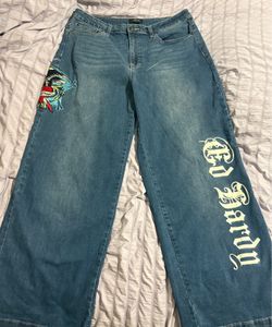 Ed Hardy Wide Leg Baggy Jeans - Graphic Tattoo Spellout Denim Size 34