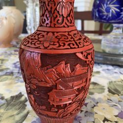 Mid century Red Chinese Cinnabar 8 inches tall