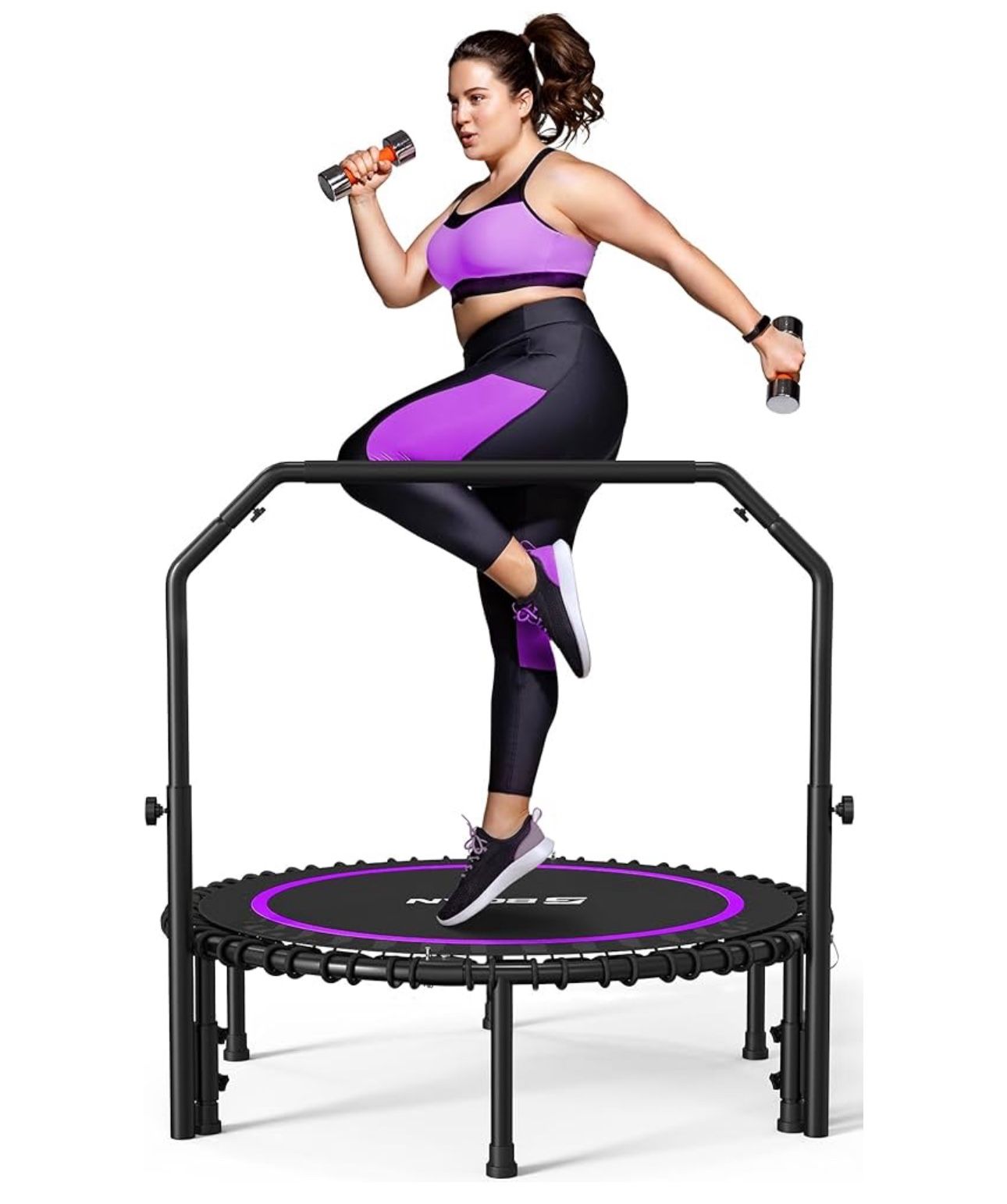 BCAN 450/550 LBS Foldable Mini Trampoline, 40"/48" Fitness Trampoline with Bungees, U Shape Adjustable Foam Handle, Stable & Quiet Exercise Rebounder
