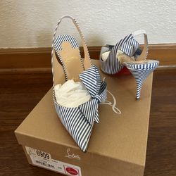 Christian Louboutin Clare Nodo Patent Stripes Bow Nautical Slingback Heels