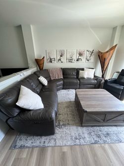 Thomasville Gray Leather sectional couch with recliners