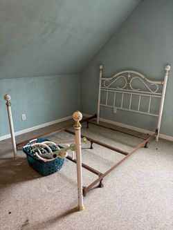 Vintage queen size bed frame with porcelain ball accents