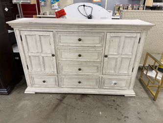 White Distressed Wood Dresser with Doors