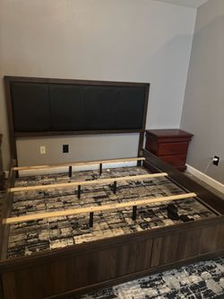 King Size Wood Bed Frame w/ Padded Headboard – $300 OBO