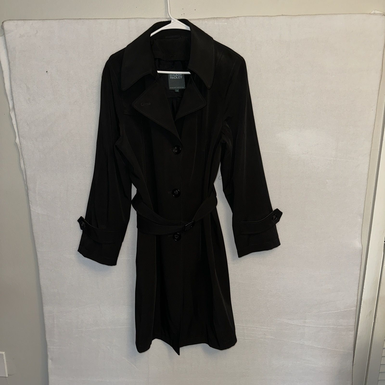 Hilary Radley Trench Coat Women’s 12 Black Belted Buttons Lined