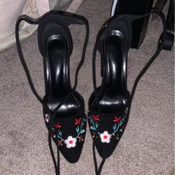 Black Strappy Flower Heels