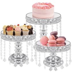 3 PCS Round Cake Stand with Crystal Bling Pendants European Style Lace Cake Plate Silver Premium Display Stand with Crystal Bling Pendants Dessert 