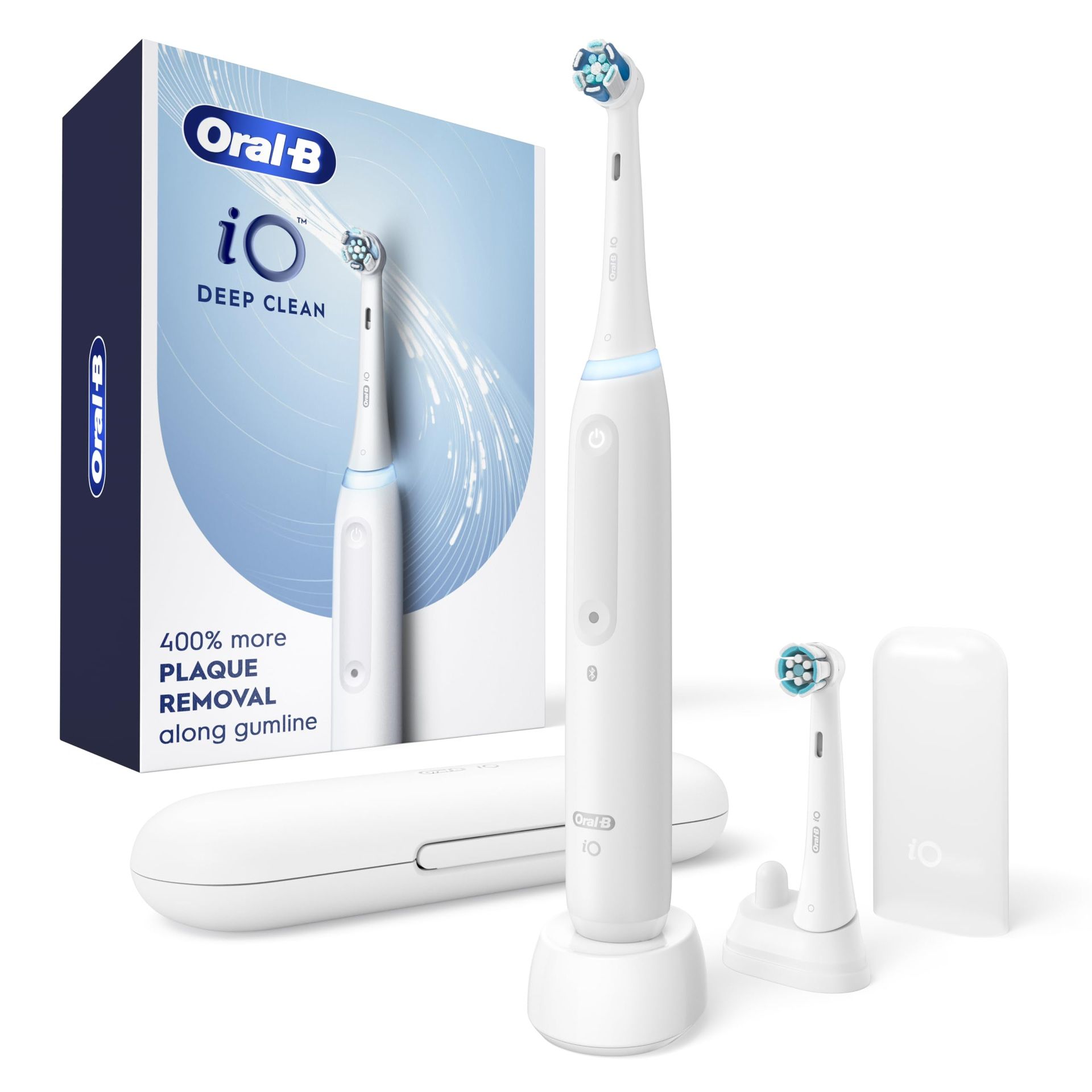 Oral-B IO Deep Clean Rechargeable Electric Powered Toothbrush, White With IO Series 3 Limited, 2 Brush Heads And Travel Case - Pressure Sensor To Prot