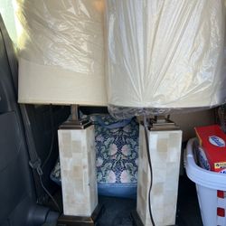 Nice Pair Of Tall Table Lamps With Marble Look Base And Good Shades