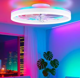 STERREN RGB Ceiling Fans With Lights, 20'' Smart LED Ceiling Fan With Remote/APP Control, Modern Low Profile Bladeless Chandelier Fan, Dimmable White 