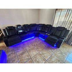 Black Breathing Leather 3-Piece Living Room Recliner Sectional Sofa