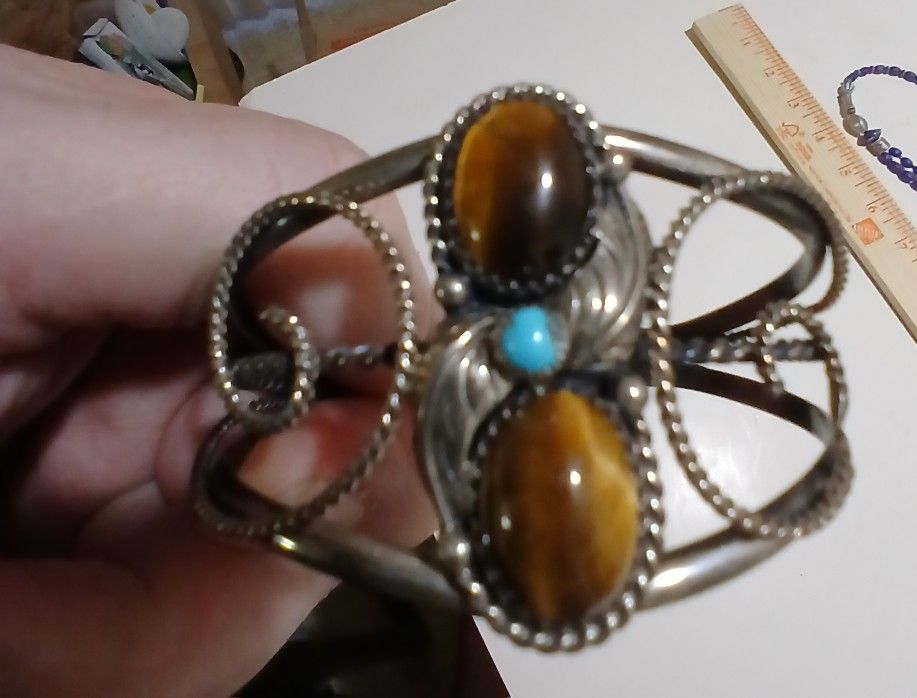Jewelry: Navajo Double Tigers Eye And Turquoise Sterling Silver (Signed) Vintage Cuff Bracelet