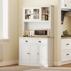 HOMCOM Kitchen Pantry Storage Cabinet with Microwave Stand 71" White Modern Kitchen Hutch, Open Countertop, Glass Doors, Storage Drawers, Adjustable S