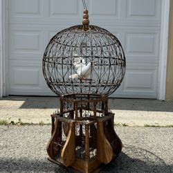 Vintage Original Bird Cage 35" Wood Wire Victorian Balloon Top BIRD CAGE