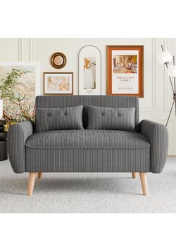 48” Gray Corduroy Loveseat with Wood Legs