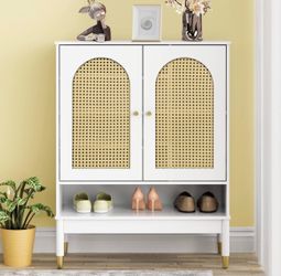 White Rattan Shoe Cabinet for Entryway, White Narrow Shoe Storage Cabinet Wood Multi-Layer Rattan Shoe Organizer for Home and Apartment