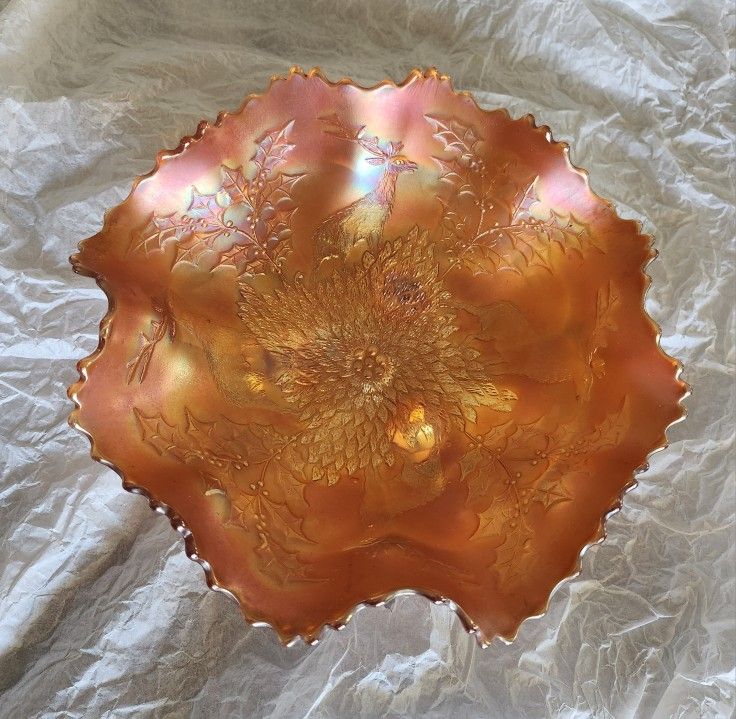 Antique Fenton Marigold Stag & Holly Carnival Glass Footed Bowl Ruffled