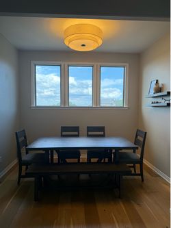Living Spaces Dining Room Table and Chairs/Bench