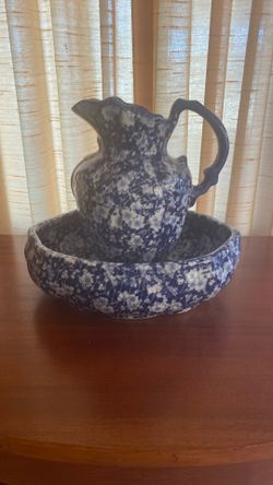 Victoria Ware Ironstone Calico Blue Water Pitcher & Bowl