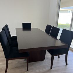 Dining table adjustable dark wood color with set of 7 chairs faux leather black linen cover 90x42in