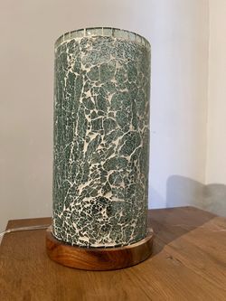 Mosaic Crackle Glass Cylinder Table Lamp – Wood Base – 13”