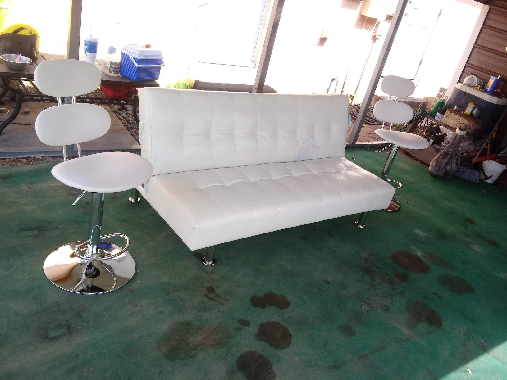 White Leather Futon Sofa / bed with bar stool