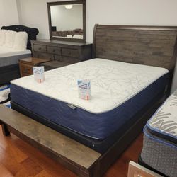 QUEEN AND KING BEDFRAMES! GORGEOUS GREY OAK! DELIVERY TODAY! DRESSER MIRROR COMBO PACKAGE! ADD 12in MATTRESS FOR $299!! 