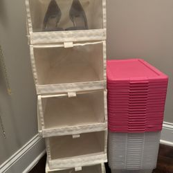 5 Stackable Shoe Boxes and 20 plastic Shoe  containers with Lids 
