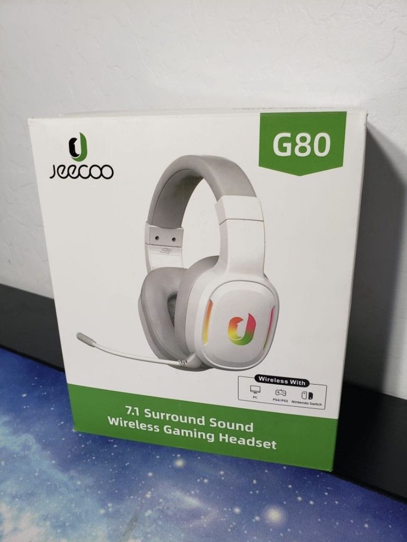 New Jeecoo G80 Wireless Gaming Headset, 7.1 Surround Sound, Detachable Clear Microphone, Low Latency LED Wireless Gaming Headphones, Works W/ PS4 PS5