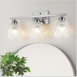 New 21” W 3 Light Brushed Nickel Bathroom Vanity Light Fixture with Textured Glass Shades,Wall Mount