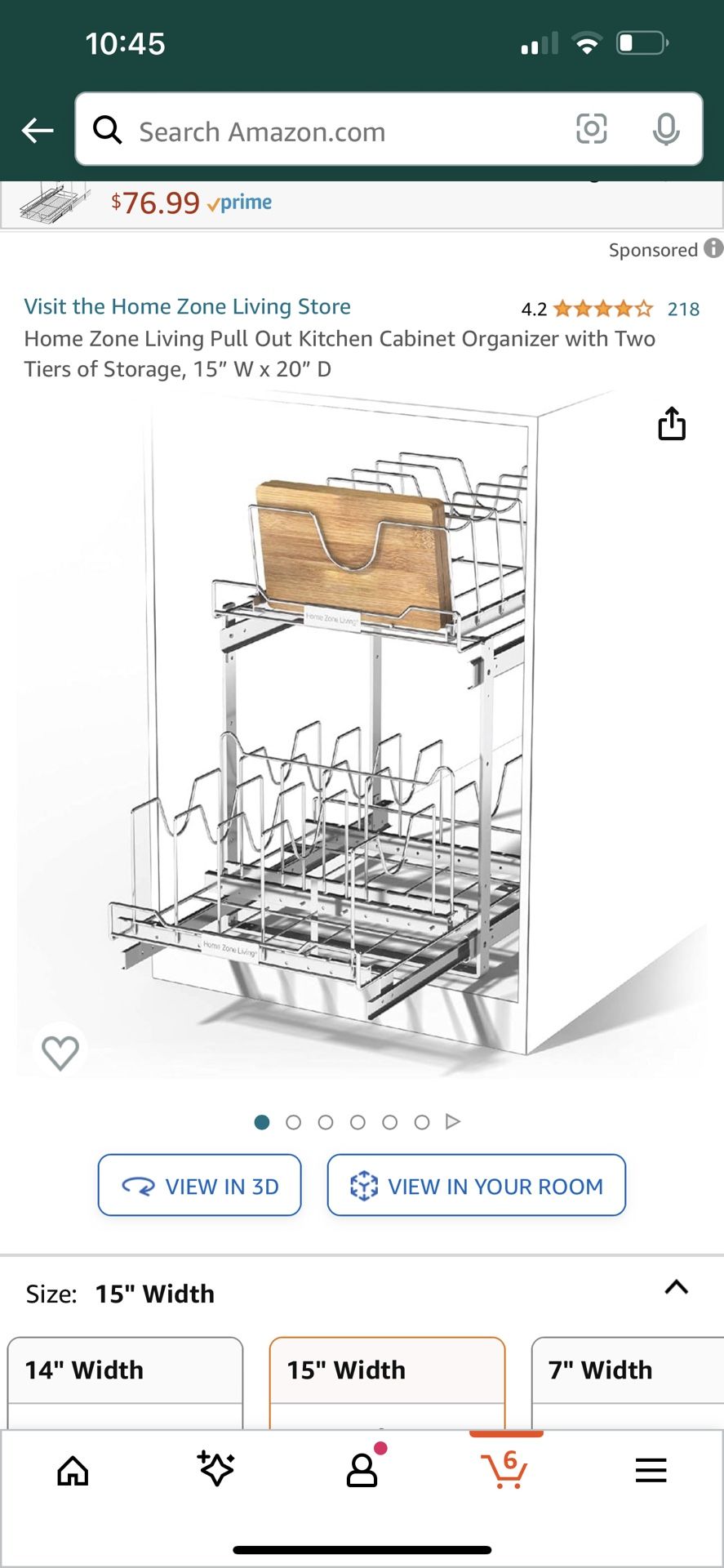 Home Zone Living Pull Out Kitchen Cabinet Organizer with Two Tiers of Storage, 15” W x 20” D