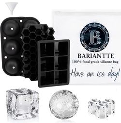 Bariantte Set of 3 Ice Molds Whiskey Ice Cube Trays Ball Silicone Mold Mini Cocktail Ice Molds with Ziplock Ice Bag- Big Ice Cube Trays Silicone + Bal