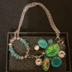 SilverTone/grayish Aqua Colored Rhinestones And Crystal Bracelet