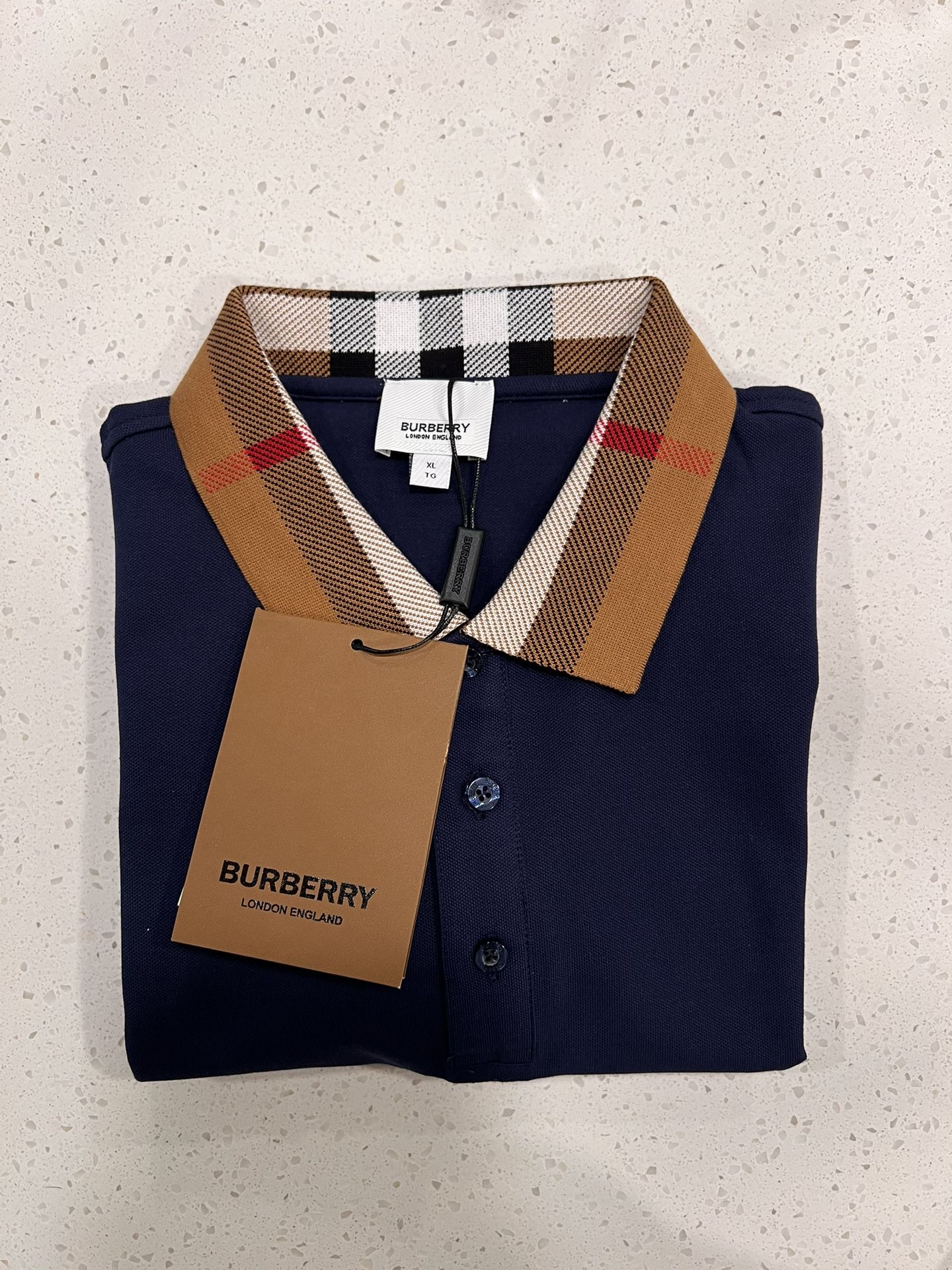 Burberry Men's Navy Polo Shirt with Iconic Check Collar