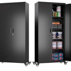 73" H Metal Storage Cabinet with Wheels, Locking Garage Tool Cabinet with 4 Shelves, Black, Assembly Required