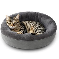 Love's Cabin Grey Round Donut Cushion Bed, 20in Pet Bed for Cats or Small Dogs, Anti-Slip & Water-Resistant Bottom