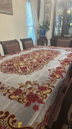 Embroidered Floral Tablecloth White Red Gold