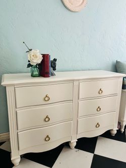 White 6-Drawer Dresser with Brass Ring Pulls