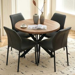 37" Round Dining Table Set for 4, Mid Century Modern Small Coffee Set for Dining Room Kitchen Apartment (Walnut Table + 4 PU Leather Dark Grey Chairs)