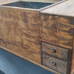 ANTIQUE JAPANESE HIBACHI WOODEN BRAZIER 2 DRAWER BOX W/ BRASS CHOP STICKS IRON TEA KETTLE STAND