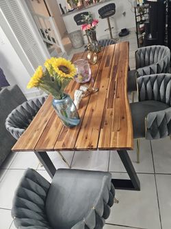 Modern Solid Wood Dining Table Set w/ 6 Gray Velvet Chairs – Excellent Condition