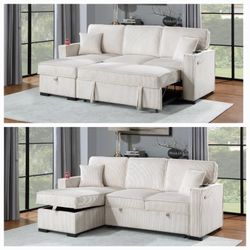 ☀️ Sectional Sofa Bed, Beige Corduroy Fabric, New In The Box.