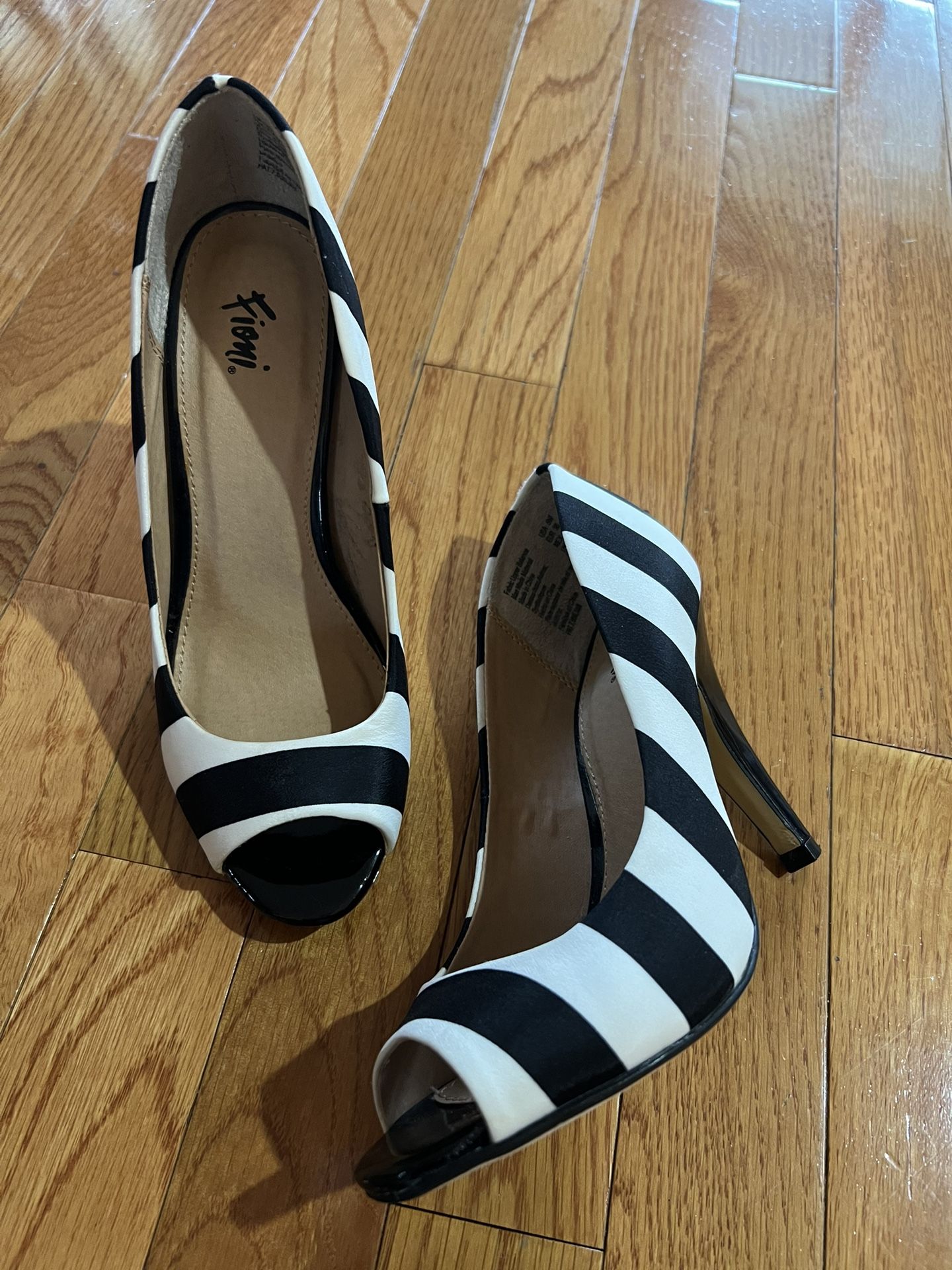 Open Toe, Black and White High Heel Pump