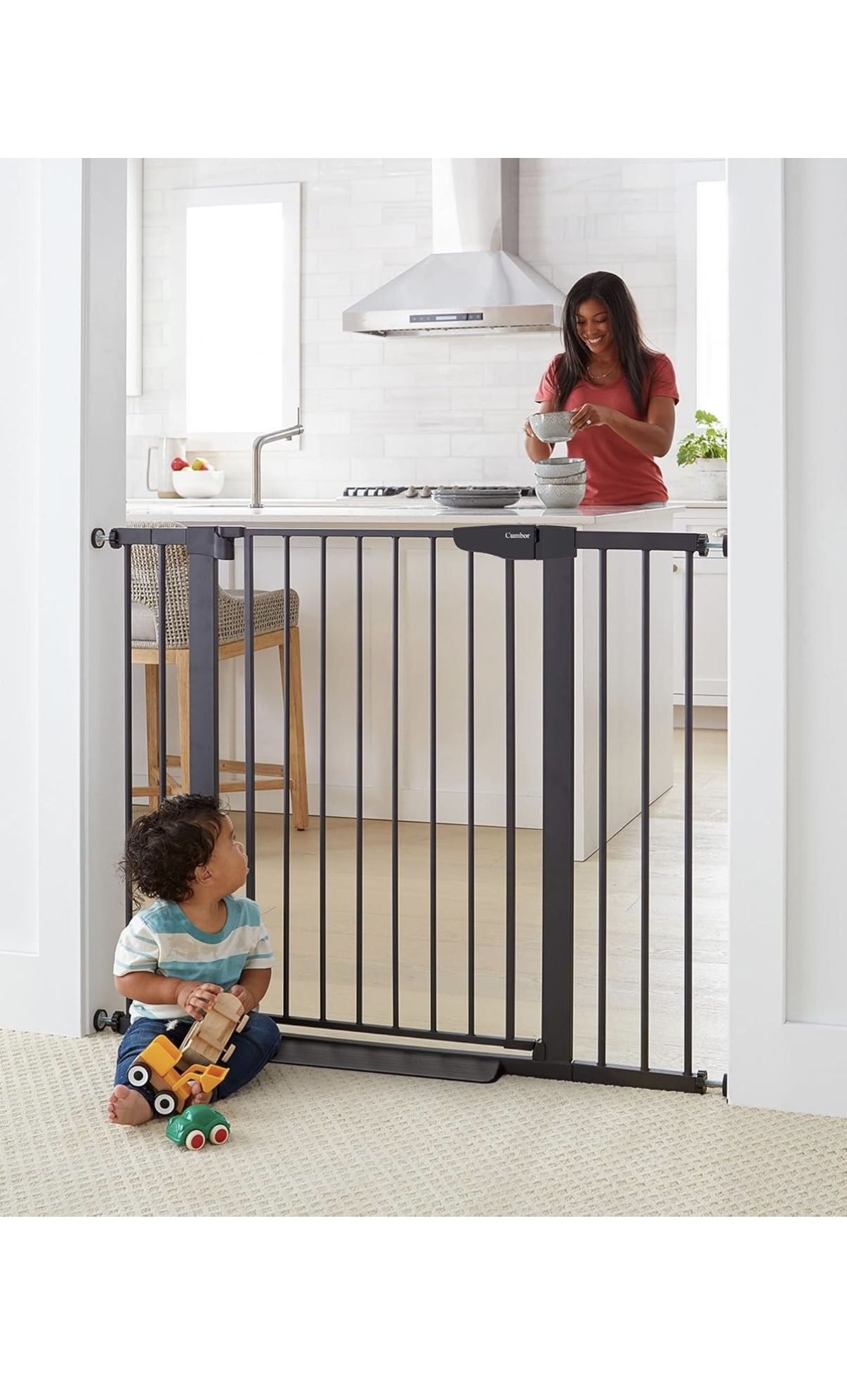 New In Box Cumbor 36" Extra Tall Baby Gate for Dogs and Kids with Wide 2-Way Door, 29.7"- 46" Width, and Auto Close