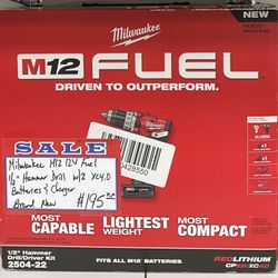 Milwaukee M12 12V Fuel 1/2” Hammer Drill W/ 2 XC4.0 Batteries & Charger Brand New 