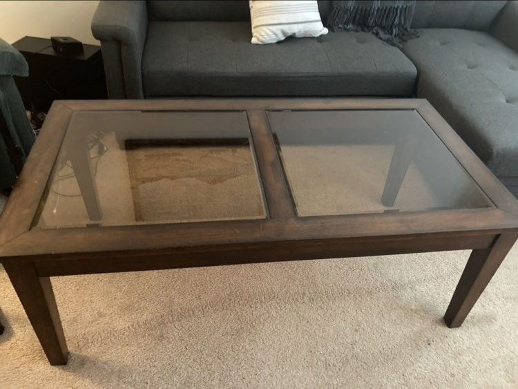 Vintage Coffee Table and End Table with Rose Glass Tops