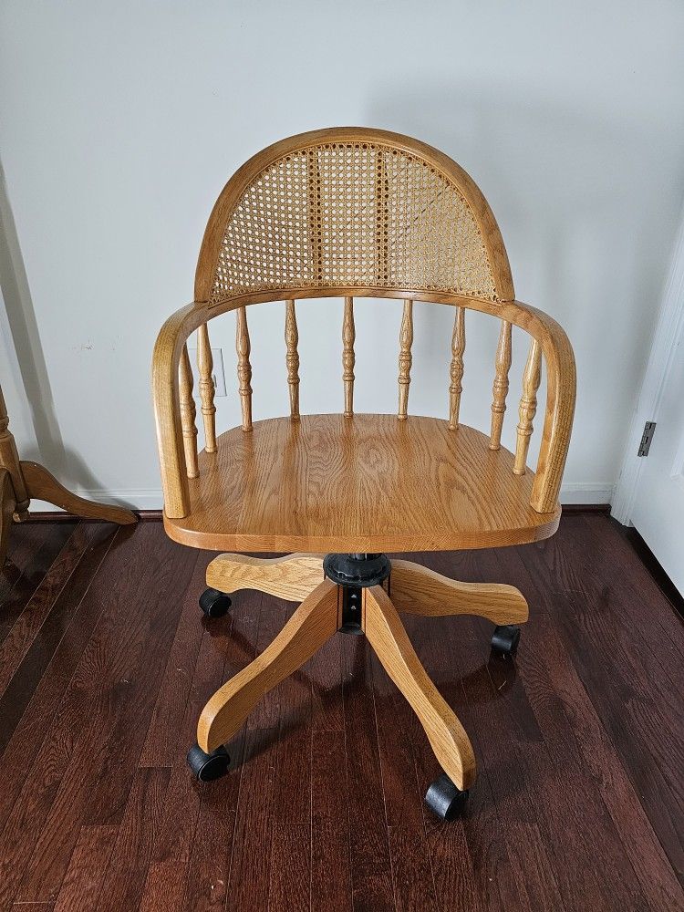 Cane Back Oak Rolling Desk Office Chair-Vintage Cane Banker Chair
