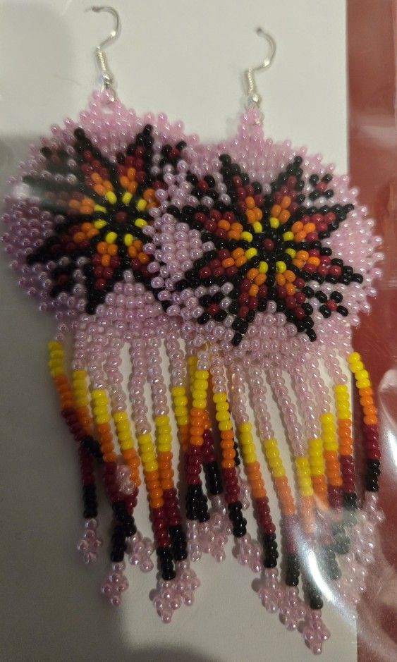 Handmade Beaded Pink Fire Color Round Fringe Hook Earrings 
